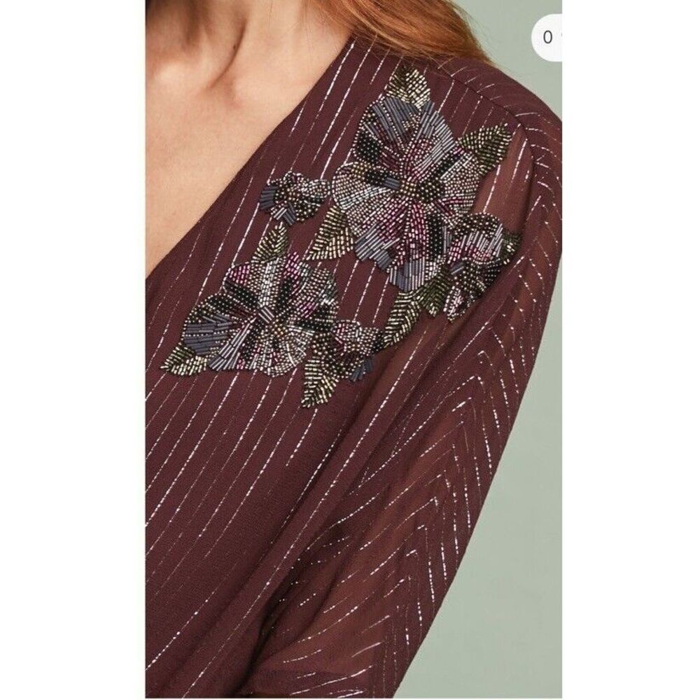 Ranna Gill Cassel Wine Blouse Sz M Petite Anthropologie MSRP $148 Beaded - Picture 3 of 5